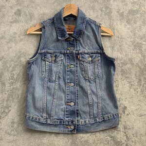 Levi Strauss Denim Vest Youth Girls Small Blue Sleeveless Pockets Trucker Biker